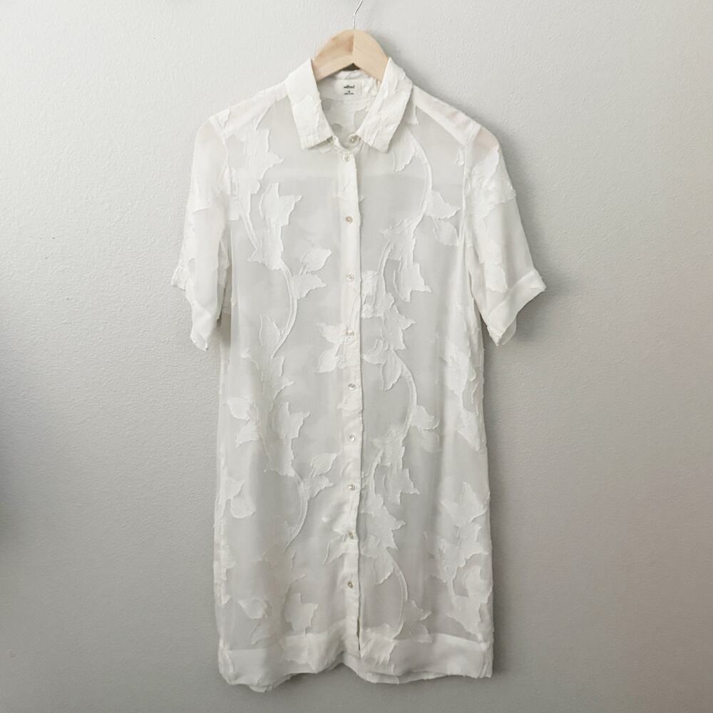 WILFRED x ARITZIA | Off White Floral Appliqué Sheer Shirt Dress Button Down | XS - Picture 2 of 8